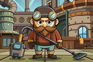 Steampunk themed janitor using a mop, with gears, mechanical pipes, and industrial elements in a retro factory setting vector