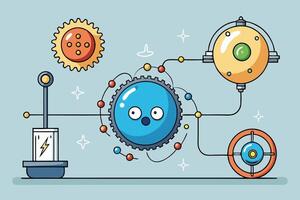 An imaginative design blending gears and atoms to illustrate the flow of energy, representing the synergy of mechanical and scientific principles vector