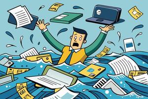 A person floating helplessly amidst a sea of bills and money, illustrating the feeling of drowning under financial responsibility and debt vector