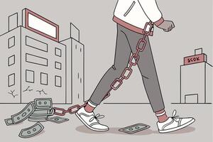 A visual metaphor of a person chained to money while walking through a city, symbolizing financial struggle and the impact of debt vector