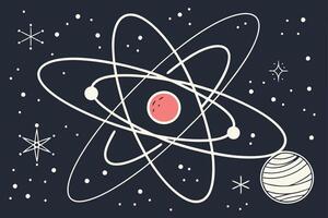 A colorful and vibrant depiction of an electron orbiting a glowing nucleus, symbolizing the dynamics of atomic energy in a creative cosmic setting vector