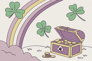 A surreal St Patricks Day scene with shamrocks floating in a dreamy, ethereal landscape beneath a vibrant rainbow and a sparkling treasure chest vector