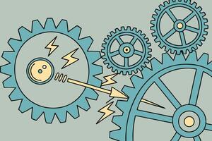 Abstract illustration showing the relationship between atomic structures and machinery, highlighting the synergy of science and engineering vector