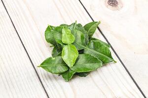 A bunch of green leaves on a wooden table photo