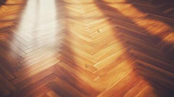 Wooden herringbone flooring illuminated by warm sunlight creating a serene atmosphere in an indoor space photo