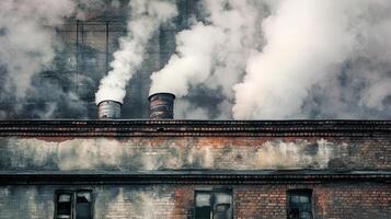 Smoke billowing from factory chimneys in an urban setting during a cloudy day in the late afternoon photo