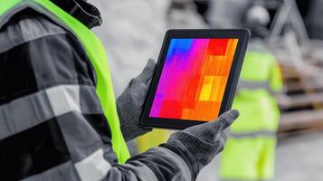 Construction worker using a thermal imaging tablet at a job site to assess building conditions during the day photo