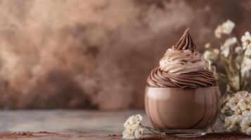 Delicious chocolate and vanilla swirl dessert served in a glass bowl with fresh flowers against a soft brown background in a cozy setting photo