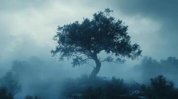 In the enchanting twilight hours, a lone tree stands as a mysterious silhouette against a foggy, ethereal landscape photo