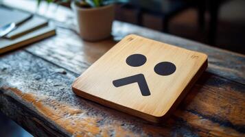 Unique wooden sign displaying a minimalist face with a frown, placed on a rustic wooden table in a cozy cafe setting during daylight hours photo