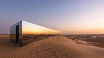 Reflective structure in the desert captures the vibrant hues of sunset and creates a surreal illusion against the sand dunes photo