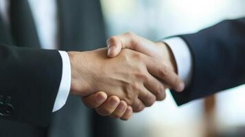 Two business professionals engage in a firm handshake to conclude a successful meeting in a modern office setting during the daytime hours photo