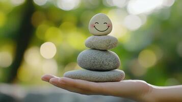 Stacked stones with a smiling stone balanced atop hand under natural light in a tranquil outdoor setting photo