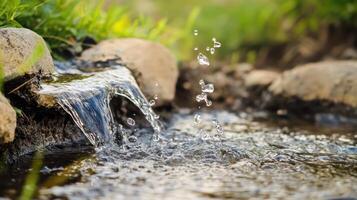 Water cascading over rocks creates a serene natural setting filled with droplets in a lush landscape photo