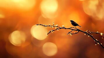 Bird perched on a branch with glowing bokeh background during sunset, creating a serene atmosphere in nature photo