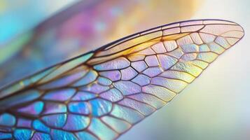 Close-up view of a dragonfly wing displaying intricate patterns and vibrant colors illuminated by sunlight in a natural setting photo