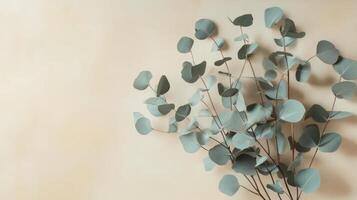 Eucalyptus branches display natural elegance against a soft beige background during a bright and serene afternoon photo