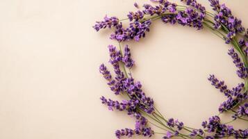 A beautiful lavender wreath arrangement set against a soft, muted background that elegantly highlights the serene beauty of nature and its calming essence photo
