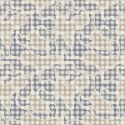 A seamless pattern of camouflage design, composed of small, pixelated dots in muted tones of beige, gray, and blue.