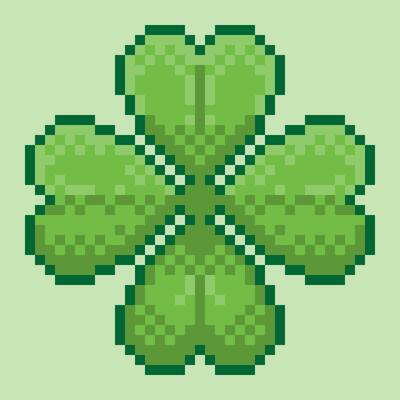A pixel art illustration of a four leaf clover, a symbol of good luck. Featuring a simple, stylized clover with a light green background