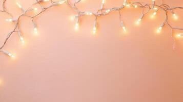 Warm glowing string lights adorn a soft pastel background, adding a cozy ambiance suitable for any festive celebration or intimate gathering photo