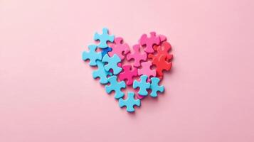 Colorful puzzle pieces arranged in the shape of a heart on a pink background showcasing creativity and playful design in a cozy setting photo