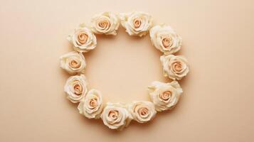 Beautiful arrangement of light pink roses arranged in a circular pattern on a soft beige background during daylight photo