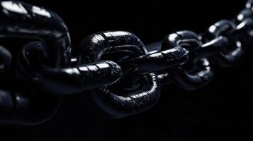 Close-up of a black chain link against a dark background showcasing texture and shine in detail during low light conditions photo