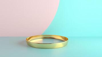 Elegant gold tray placed on a pastel colored surface showcasing creative design and minimalistic aesthetics photo