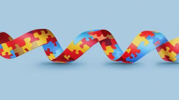 Colorful puzzle ribbon creates an engaging display on blue background, symbolizing unity and diversity in creative design photo