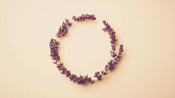 Lavender flowers arranged in a circular shape on a soft yellow background, showcasing natural beauty and simplicity photo