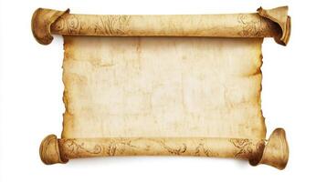 Old parchment scroll displaying blank space, perfect for historical text, ancient maps or decorative designs photo