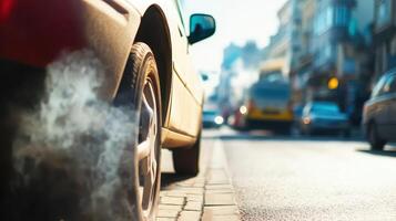 A vehicle is idling on a bustling city street, releasing a plume of exhaust smoke into the air, all under the bright light of day photo