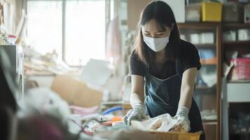 A woman wearing a mask is diligently sorting and organizing materials amidst a chaotic and cluttered workspace throughout the day photo