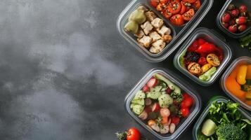 Healthy meal prep containers filled with colorful vegetables and proteins arranged on a dark background ready for the week ahead photo