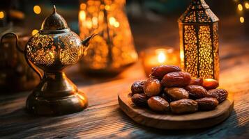 Warm golden lanterns illuminate a table with dates and a traditional teapot, creating a cozy atmosphere for sharing moments during evening gatherings photo