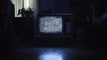 Static fills an old television set in a dimly lit room, casting an eerie glow on the floor and illuminating the surrounding darkness photo