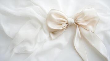 Elegant cream satin bow arranged on delicately draped white fabric creating a soft and serene atmosphere for celebration or decoration photo