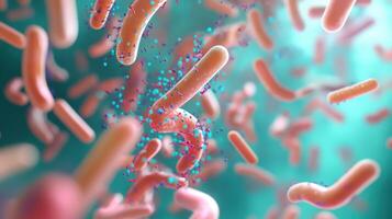 Colorful representation of bacteria and microorganisms in a microscopic environment showcasing their diverse structures and interactions photo