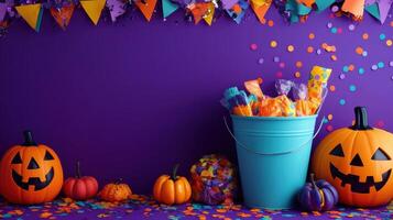 The lively ambiance of Halloween comes alive with an array of festive decorations, including brilliantly colored candies and intricately carved pumpkins, creating a vibrant and inviting atmosphere photo