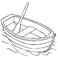 Wooden boat floating on water with paddle in line art. vector