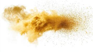 Bright golden powder bursts in an artistic display against a white background, showcasing a dynamic explosion of color and texture photo