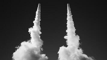 Two rocket boosters release vapor trails into the sky during a launch event at a space facility on a clear day in the afternoon photo