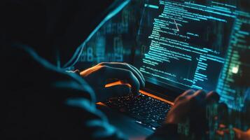 Person engaged in intense coding session at a dimly lit workspace with code reflecting on a screen during late night hours photo