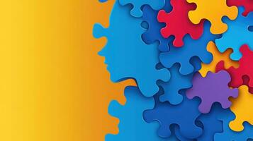Colorful puzzle pieces form abstract human profiles on a vibrant yellow background creating an engaging visual representation of creativity and intellect photo