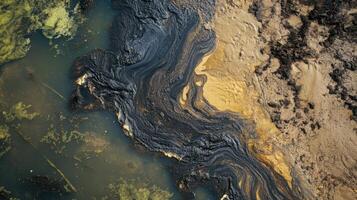 The oil slick forms captivating and intricate patterns on the surface of the water, particularly noticeable near the shoreline during daylight hours photo