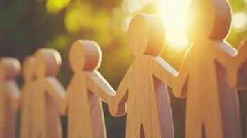 Wooden figures holding hands in sunlight symbolize unity and connection in a serene outdoor setting during a warm afternoon photo
