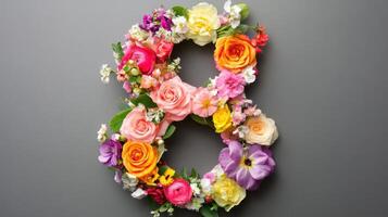Decorative floral arrangement shaped as the number eight on a neutral background, highlighting vibrant colors and diverse flower types in spring setting photo
