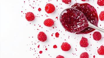 Fresh raspberries with raspberry jam splattered on white background showcasing vibrant colors and textures photo