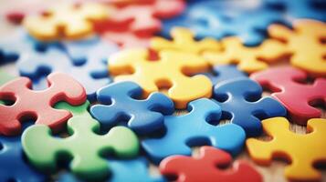 A vibrant assortment of puzzle pieces is spread across a wooden table, creating a delightful scene during an enjoyable family game night at home photo